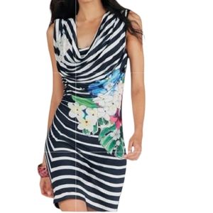 Desigual Black and White Striped Midi Dress with Floral Design